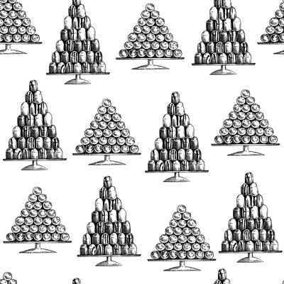 Mallow puffs hand-drawn vector illustration. Schokokuss - delicious marshmallow filling on a waffle base sketch. Traditional Christmas market food seamless pattern